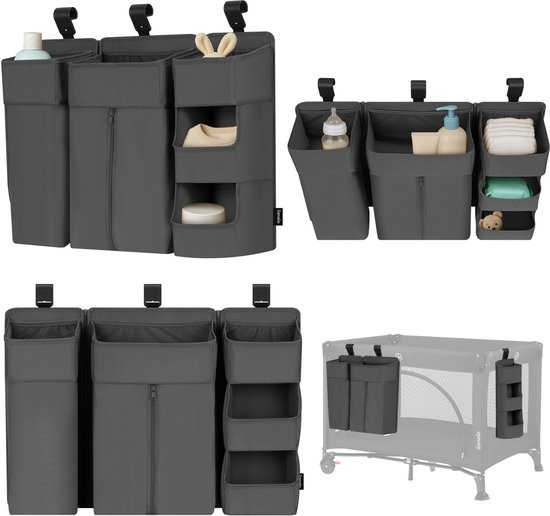 Lionelo Sidepocket Large – Organisateur de lit bébé 58×11×58 cm, design modulaire 3 pièces avec poche zippée, pour lit parapluie, cododo ou parc, renforcé, amovible et multifonction, idéal pour couches, lingettes et accessoires