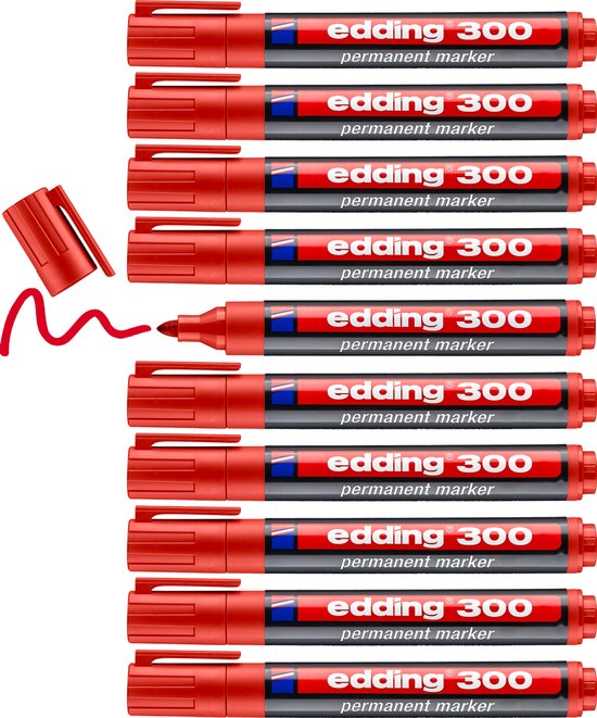 Tien rode edding 300 permanente markers op zwarte achtergrond, met één dop eraf en rode inktstreep.