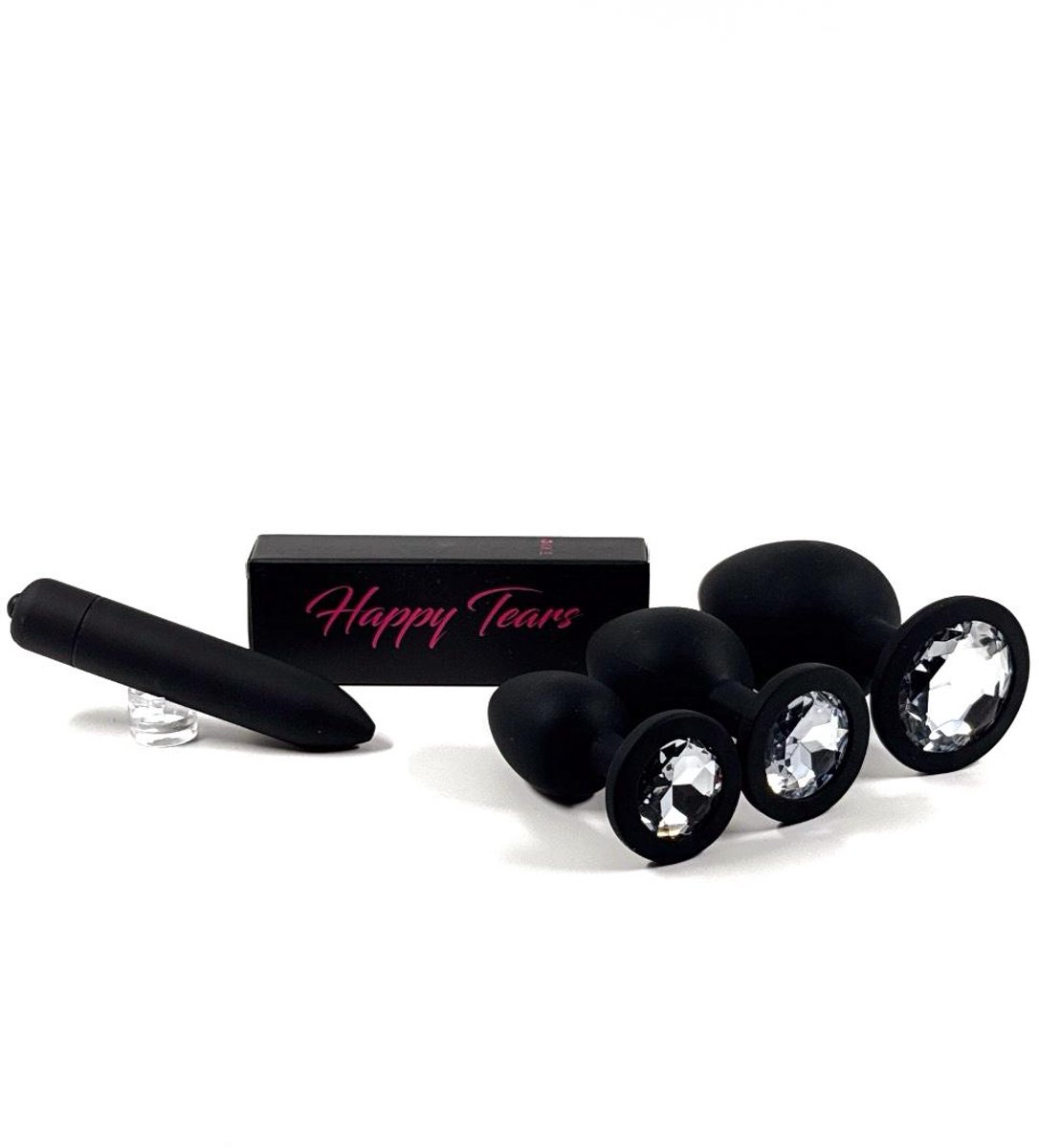 Happy Tears© Black Diamond Duo – Luxe Kristal Buttplug Set & Bullet Vibrator - Zwart