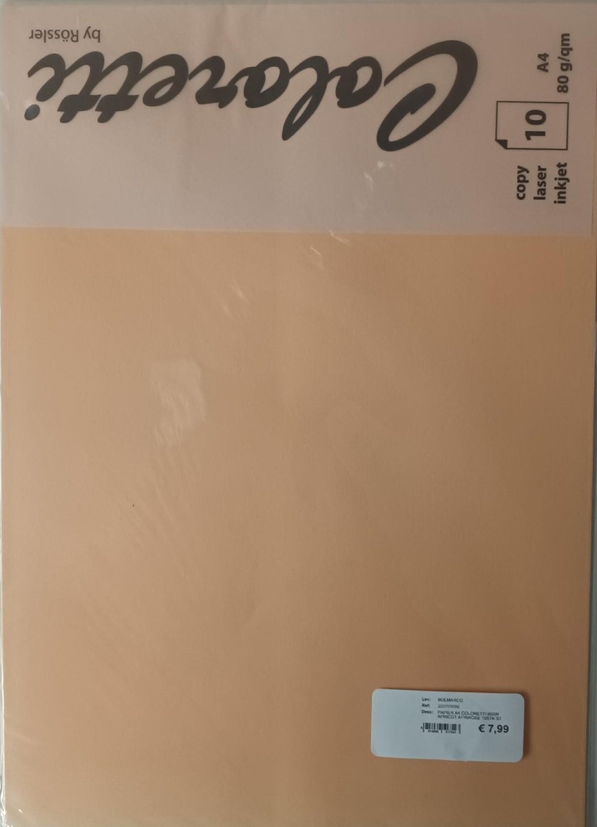 Papier - Kleur Abrikoos - Gekleurd - Coloretti - 80gram - 10 vellen - Formaat A4 - 210x297mm - 227001550 - Rossler Papier
