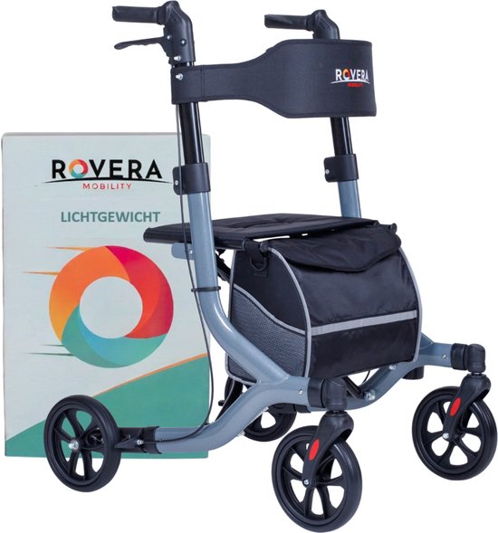 Rovera® Rollator Easy PREMIUM – Lichtgewicht en Opvouwbaar – Zachte Brede Rugsteun & Comfortabele Zitting – Incl. Luxe Rollatortas- voor Binnen & Buiten – Grijs