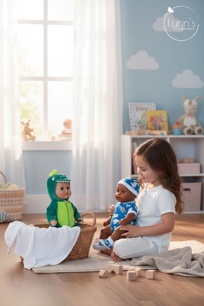 Poppenkleertjes voor babypop 43 cm - Romper met slofjes en muts - Dinosaurus - In cadeauzakje - Poppenkleding set geschikt voor o.a. Baby Born pop — afbeelding 9