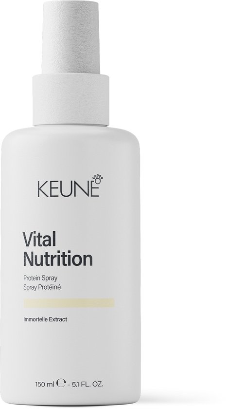 Keune Vital Nutrition spray protéiné, 150 ml. Flacon blanc avec texte jaune et extrait d'Immortelle.