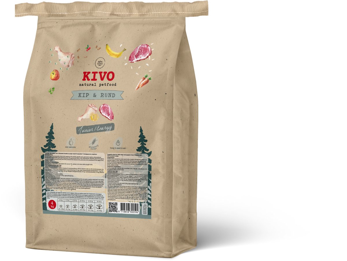 Kivo Petfood Kivo Petfood Hondenbrokken Kip & Rund - Junior/Energy - 4 kg Koudgeperst Glutenvrij