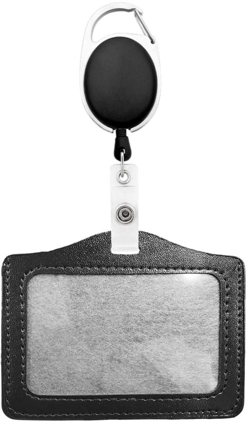 Zwarte horizontale badgehouder met een uittrekbare sleutelhanger met karabijnsluiting.