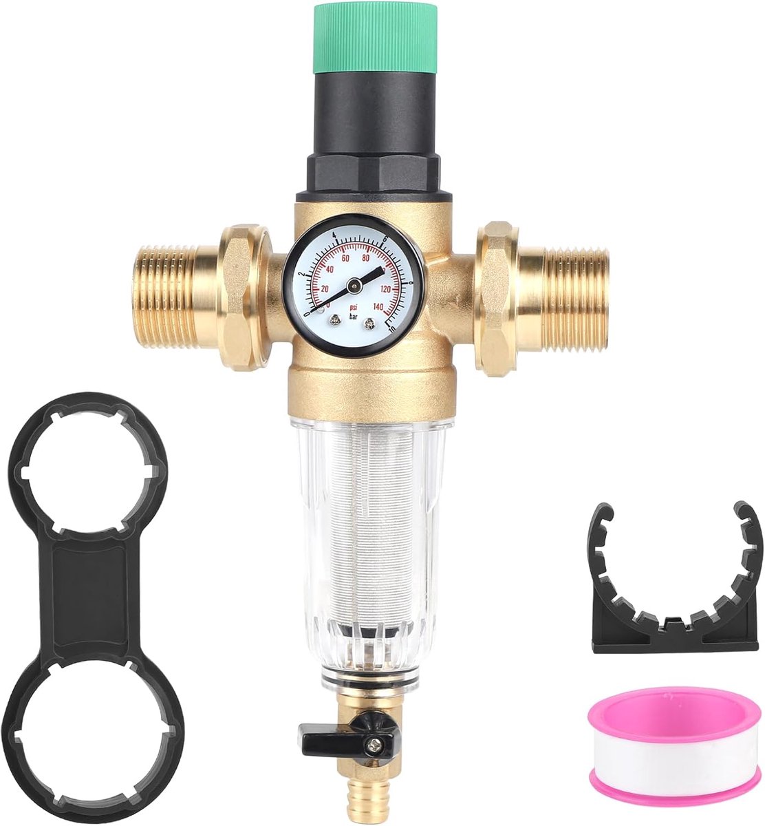 Pressure regulator water met drukmeter - water en zeeffilter - 1 inch DN32 - verstelbare messing drukregelaar - waterdruk regulator voor gebruik