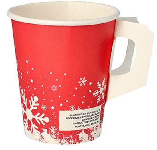 Rode kartonnen beker met witte sneeuwvlokken, "PLASTICO EN EL PRODUCTO" tekst en een beige handvat.