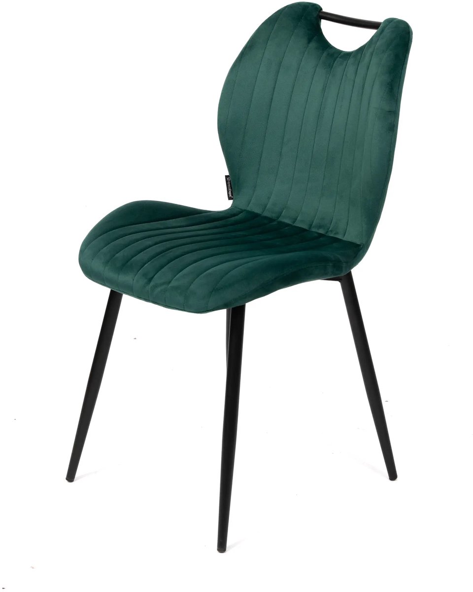 DepotHome - Brindisi Groen - Set van 4 stoelen - Fluwelen eetkamerstoel – verticale stiksels - zwarte metalen poten - Handgreep – huis & horeca