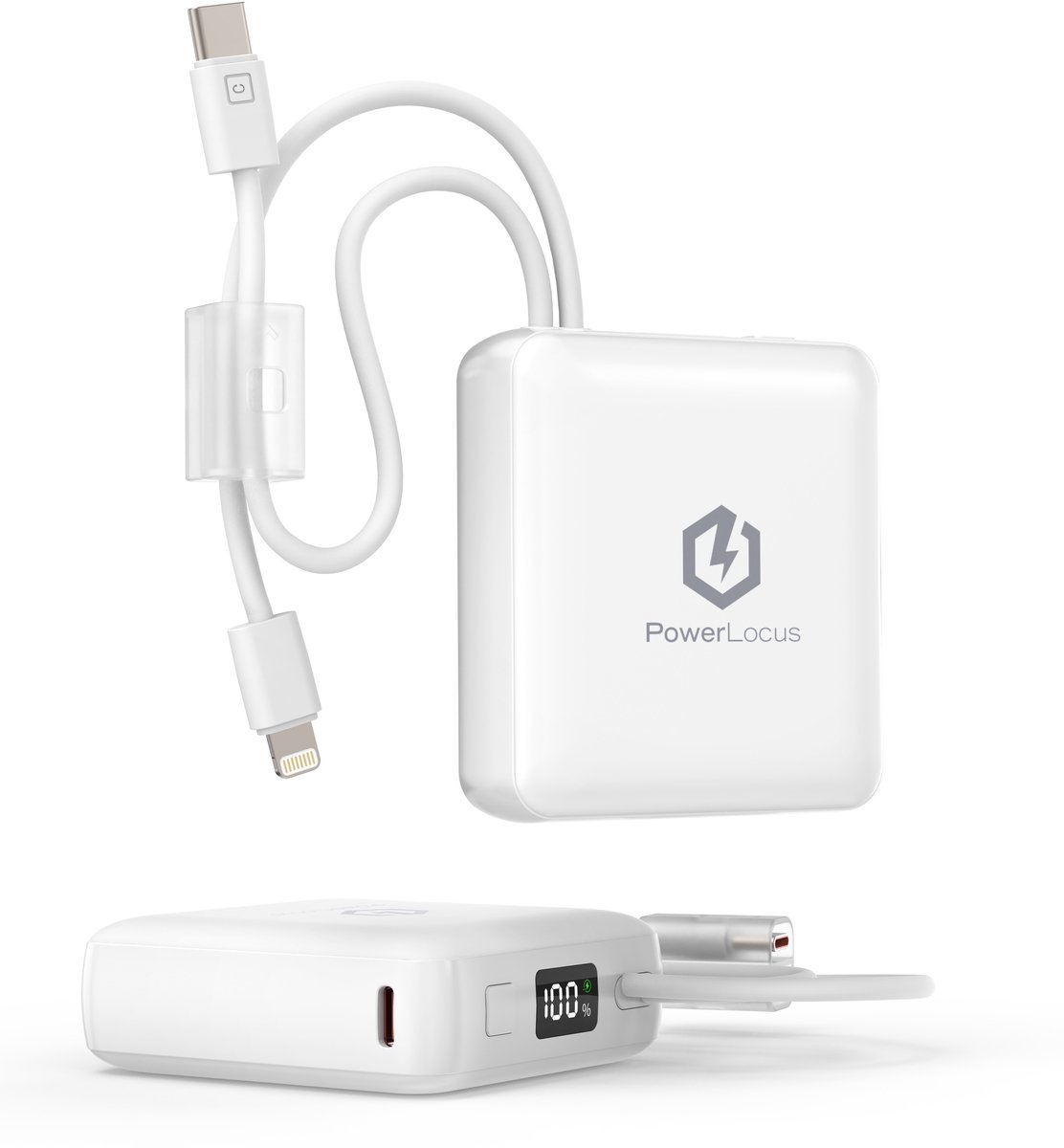 PowerLocus Powerbank 10000mAh - Ingebouwde oplaadkabels - 1x 8-Pin & 2x USB-C Power Delivery - 20W Snelladen - Universeel voor Smartphones, Tablets & Gadgets/meer – LED Display - Wit