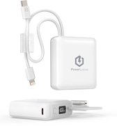 Witte PowerLocus powerbank met LED-scherm en ingebouwde USB-C en 8-Pin kabels.
