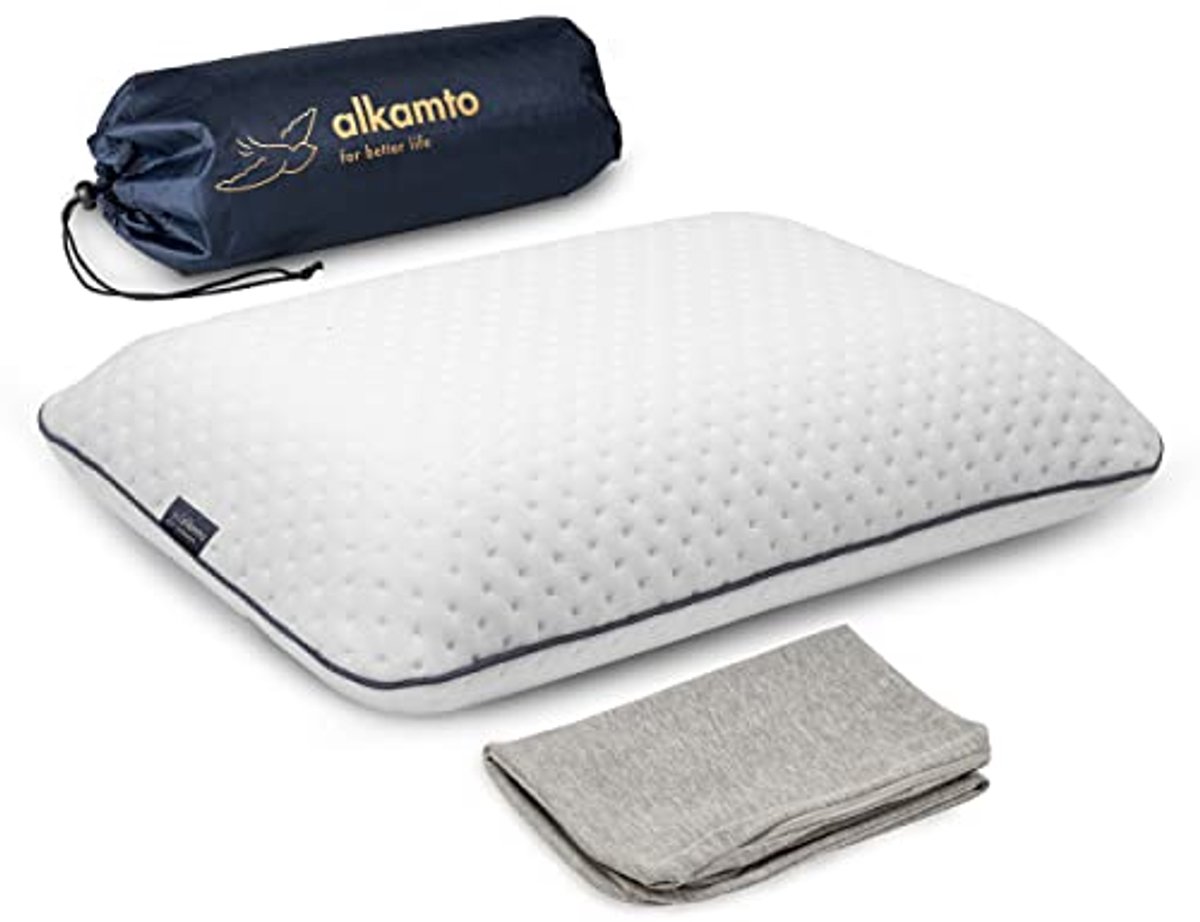 Ergonomisch Reis & Camping Kussen - Traagschuim Kussen met Warmteregulerende Hoes - Inclusief Compacte Reistas (40 x 25 x 10 cm)