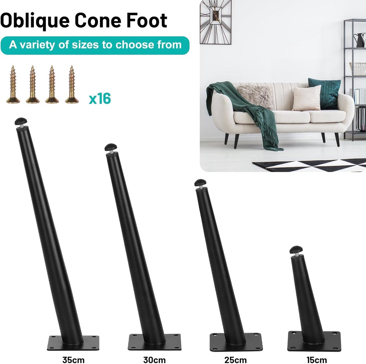 Famanu - 4 stuks schuine conische meubelpoten - verstelbaar - zwarte poten voor tv-tafel stoelen banken