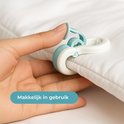 Hand die een witte en mintgroene clip om een witte stof klemt.