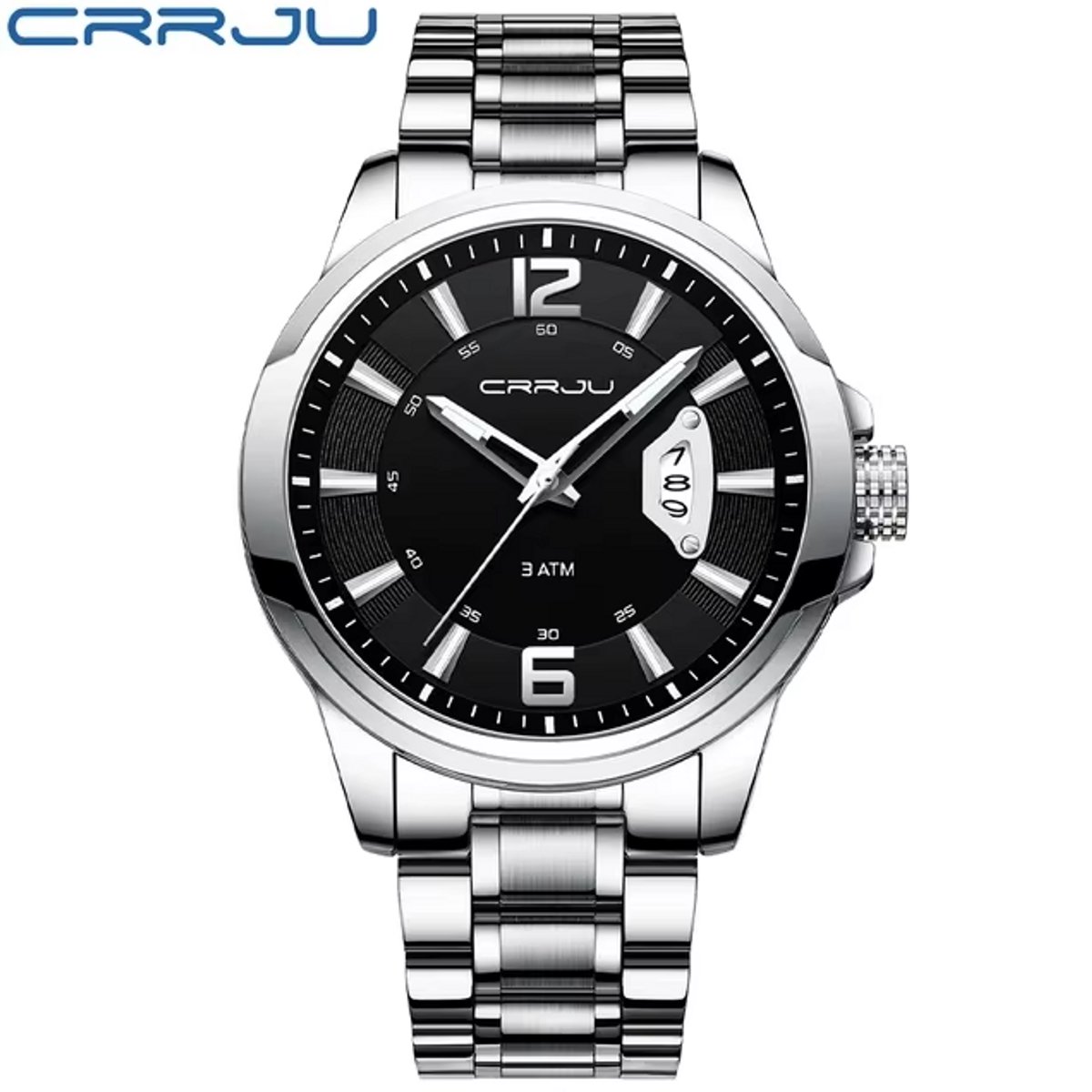 CRRJU Horloge 2191 - Zilverkleurig Zwart - Heren - Quartz - 45 mm - Ronde Kast - Roestvrijstalen Band - Chronograaf - Kalender - Waterbestendig - Elegant - Zakelijk - Sportief