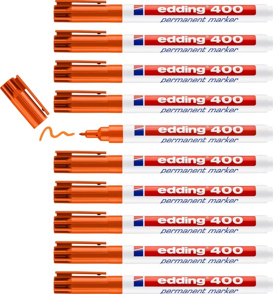 Tien oranje edding 400 permanente markers met een ronde punt van 1 mm.