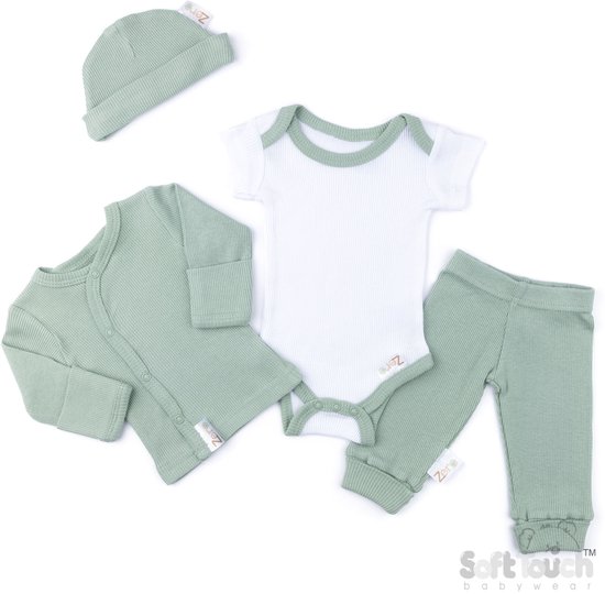 Set de Vêtements de bébé doux au toucher, unisexe , en Katoen côtelé, vert Sage , 4 pièces, tailles 50/56