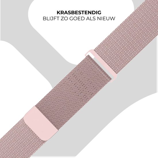 Rose gouden mesh horlogeband met een roze gesp. Krasbestendig, blijft zo goed als nieuw.