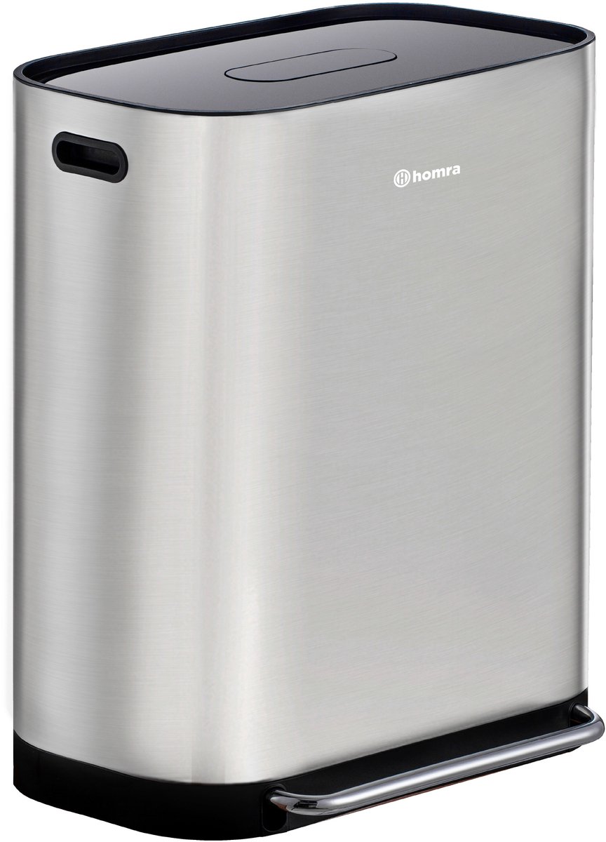 Dubbele Prullenbak 2x30L Homra Rockx - Duo Pedaalemmer 60L met Geurfilter - RVS Afvalscheidingsprullenbak 2 Vakken - Recycle Afvalbak - Vuilnisbak Keuken afval scheiden - Afvalemmer - mat RVS