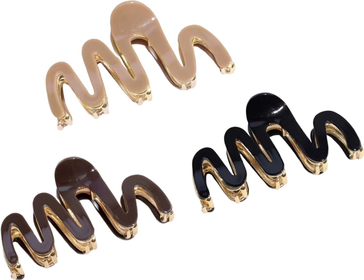 Set van 3 Luxe Haarklemmen – Zwart, Bruin & Oudroze – Goudkleurige Binnenkant – 7,5 x 4 cm