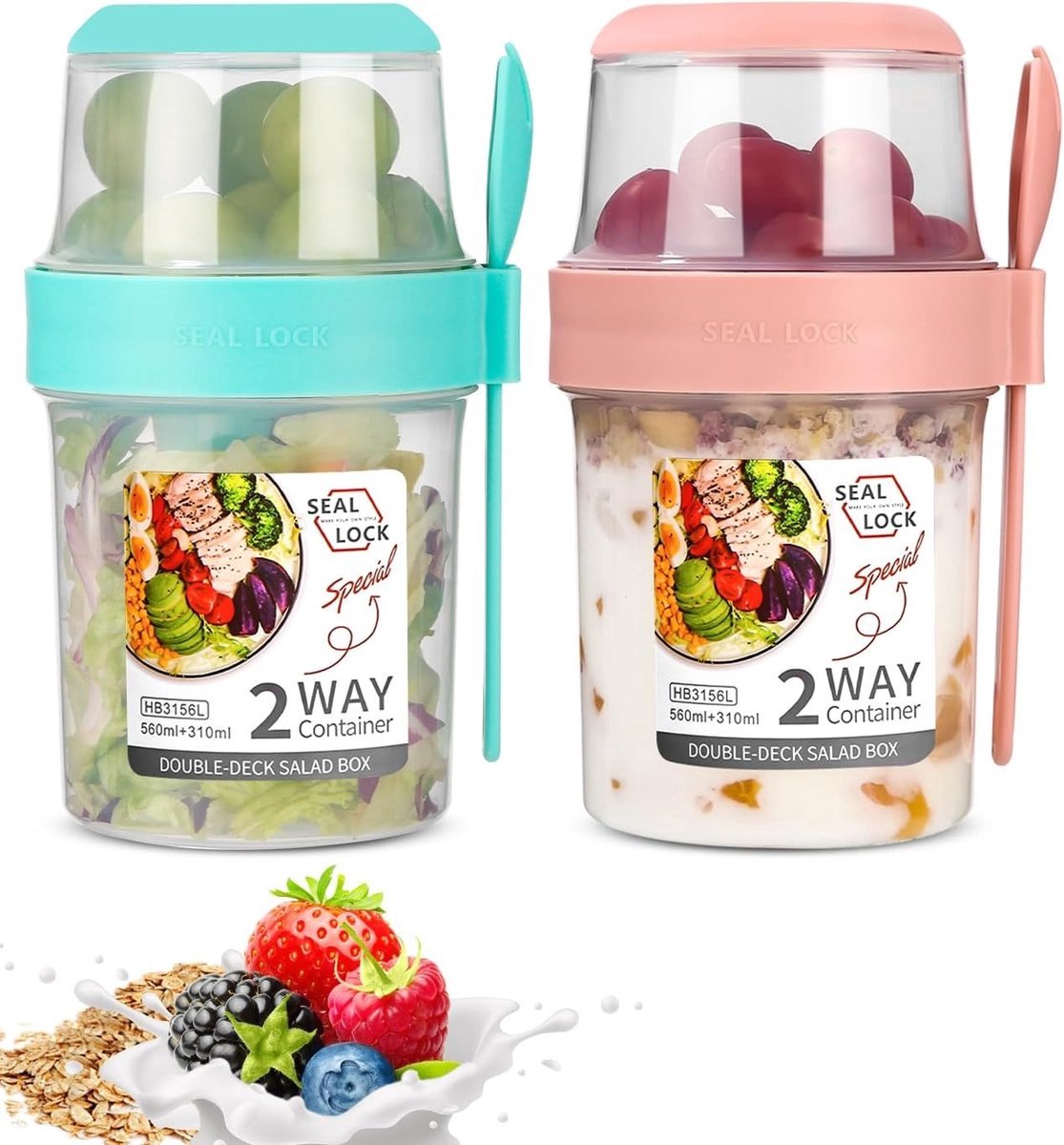 2-in-1 Yoghurtbeker To Go - Draagbare Ontbijtkom met Lepel - Overnight Oats Pot - Herbruikbare Yoghurt & Muesli Beker - Plastic Ontbijtkommen (Roze + Groen) - 310ml + 560ml