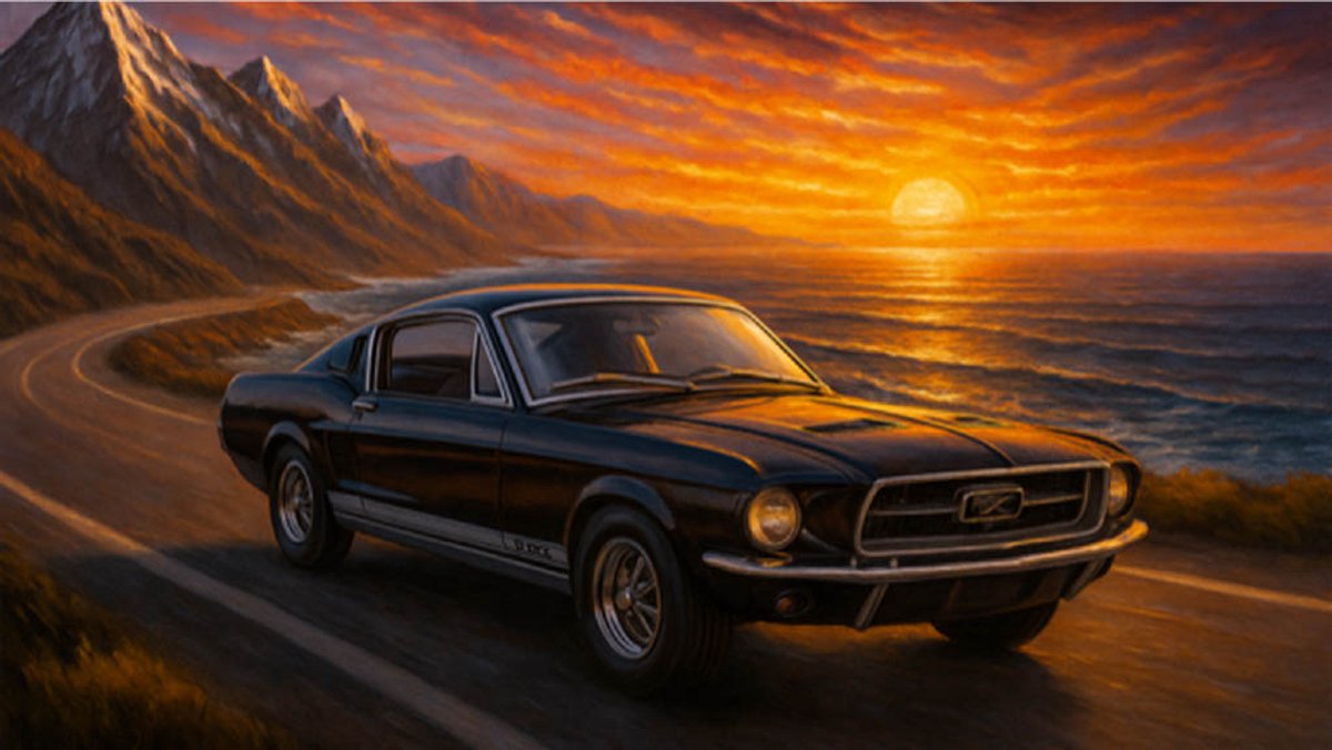 Canvas Ford Mustang Oldtimer – 70×50 cm Liggend – Vintage Auto Wanddecoratie – Klassiek Canvas Schilderij voor Woonkamer of Kantoor