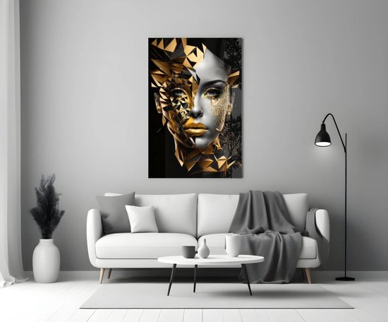 Glasschilderij – Gouden Vrouw – Abstract Geometrische Kunst – Luxe Moderne Wanddecoratie - 110x70 cm