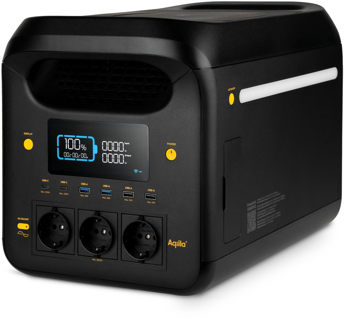 Aqiila Portable Powerstation 1800W 1224Wh LiFePO4 | Draagbare Generator, 12 Uitgangen 3x AC USB-C/A 12V | Mobiele stroomvoorziening voor Camping, Noodpakket | Power Station met LED-lamp, WiFi App