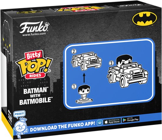 Doos van Funko Bitty Pop! Rides Batman with Batmobile met instructies voor montage.