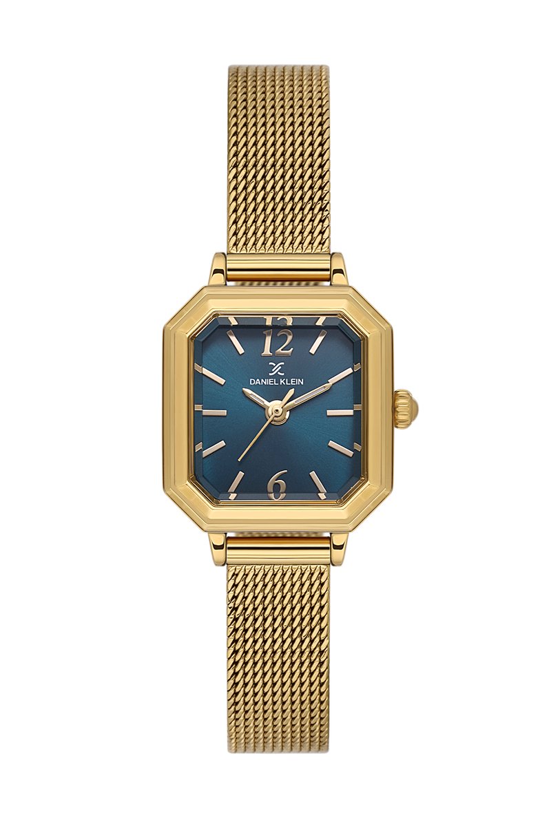 Daniel Klein DK.1.13945-4 - Horloge - Polshorloge - Analoog - Dames - Vrouwen - Milanese-Mesh stalen band - Metaal - Achthoek - Cijfers - Strepen - Goudkleurig - Donker turkoois - Wit