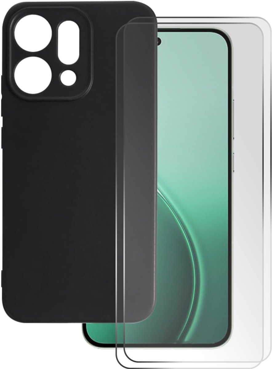 Casemania Hoesje + Glas Geschikt voor Oppo Reno 14 F - Zwart - Siliconen Back Cover en 2x Gehard Glazen Screenprotector