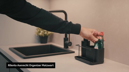 Rilenta® Organiseur de comptoir et de Cuisine avec porte-torchon et distributeur de savon - Chiffon de nettoyage inclus - Égouttoir - Support d'évier pratique pour torchons et Essuies de vaisselle - Organiseur de meuble d'évier - Zwart mat