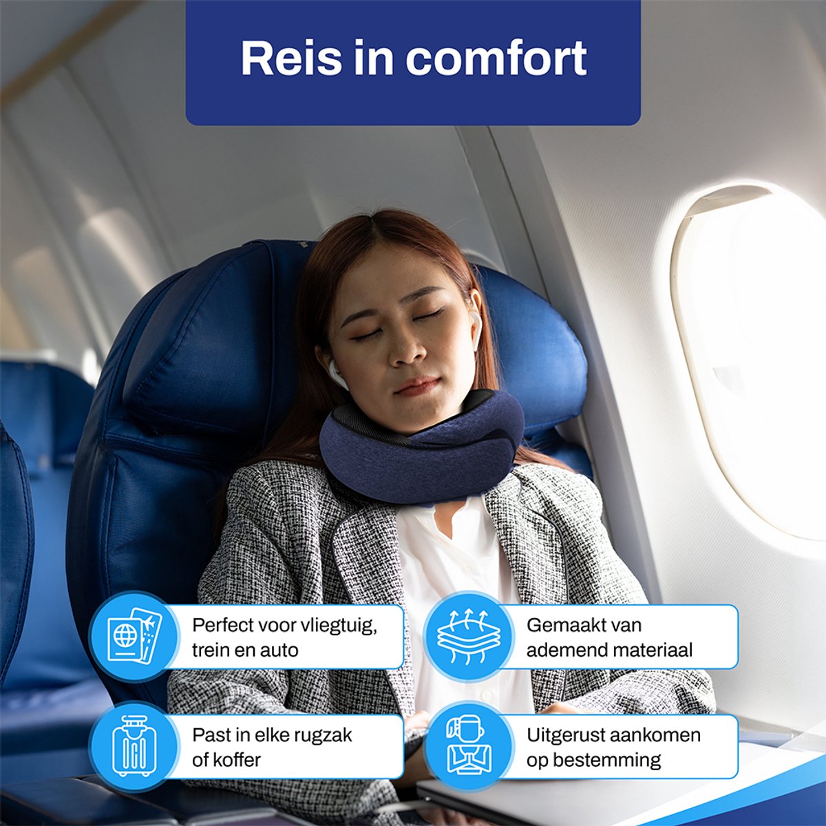 Sleeptight Nekkussen Vliegtuig of Auto - Reiskussen Set - 360° steun - Nekkussen Traagschuim - Travel Pillow Memory Foam - Met Oordoppen en Oogmasker - Blauw — afbeelding 4