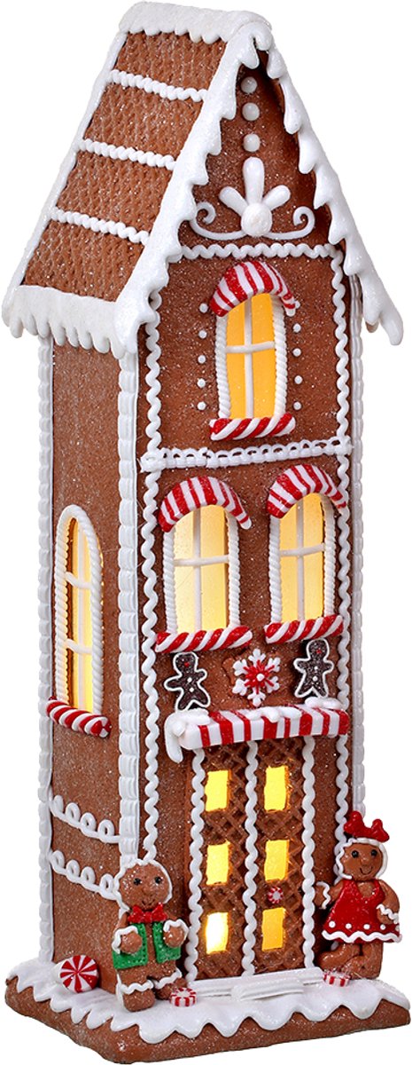 Viv! Christmas Kerstbeeld - Hoog Gingerbread Huis van Klei incl. LED Verlichting - rood wit bruin - 43cm