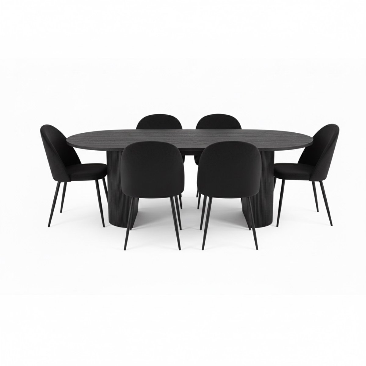 House Nordic Kyoto eethoek eettafel donkerbruin, 6 stoelen met zwarte velours bekleding.