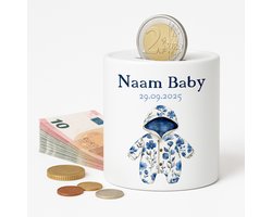 Gepersonaliseerde Baby Spaarpot – Met Naam en Geboortedatum – Blauw Rompertje