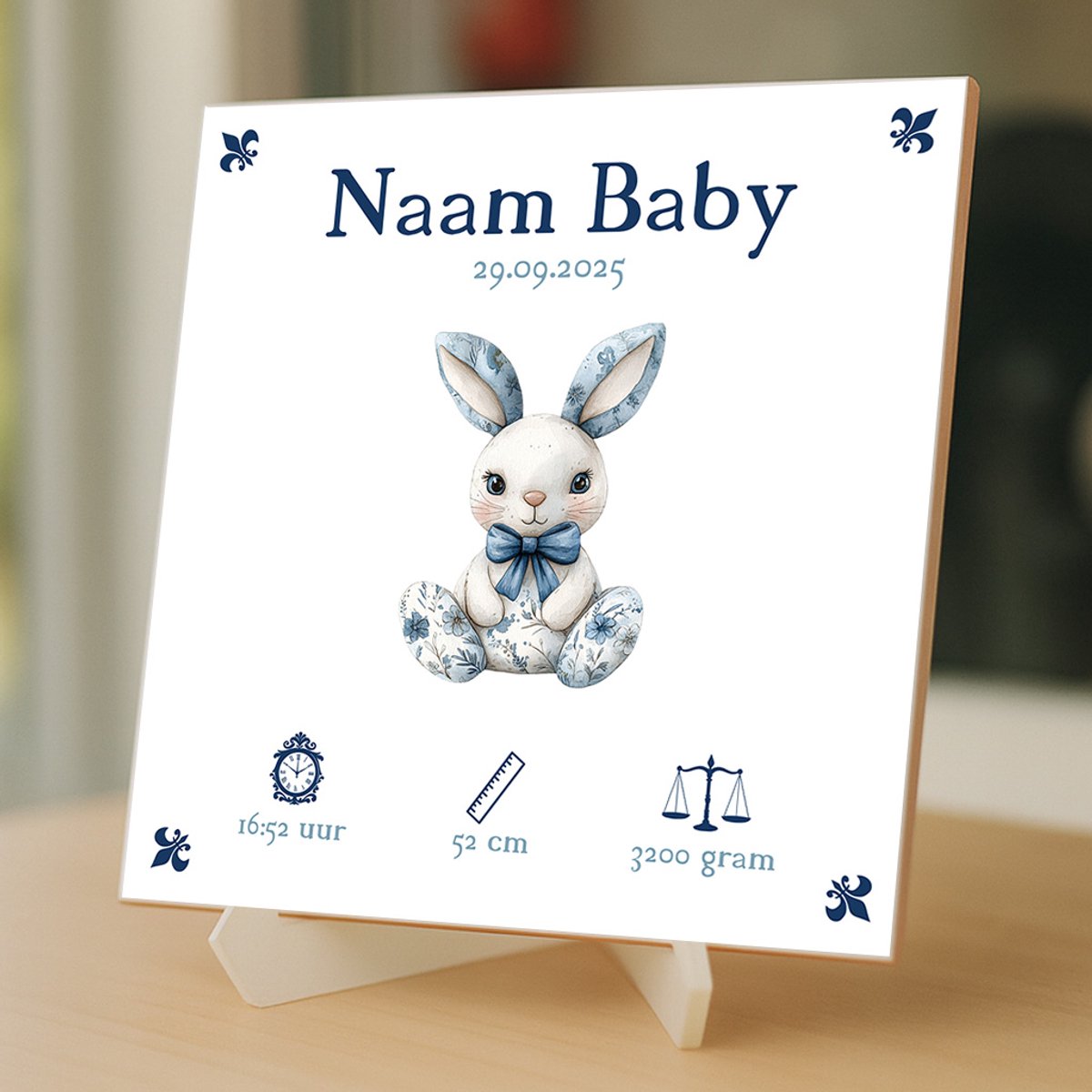 Gepersonaliseerde Baby Tegeltje – Met Naam, Geboortedatum, Gewicht, Lengte en Tijd – Blauw Konijntje