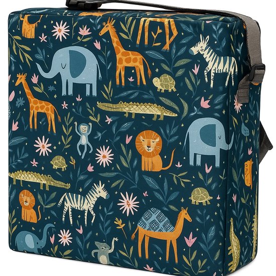 Dutchers® Stoelverhoger voor Kinderen - Jungledieren Thema – 8cm Verhoogkussen – Zitverhoger voor Eettafel & Eetkamerstoel – Peuter Stoelverhoger - Zitverhoger voor eetkamerstoel - Stoelkussen waterdicht – Zitkussen Tafel - Veilig met Riemen
