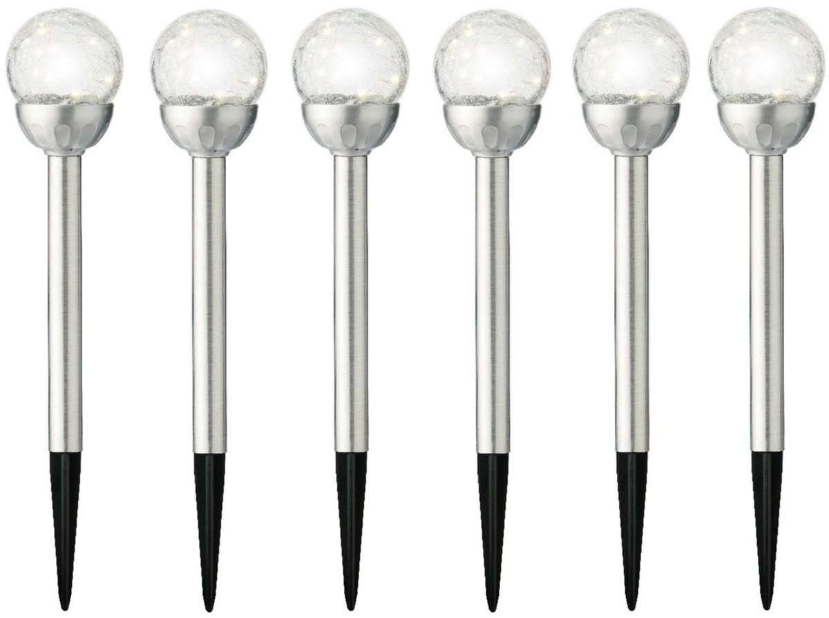 6x lumineo led steker bol - solar - 30 cm - rvs - prikspot - tuinverlichting tuinsteker - tuinlampen - solarlampen op zonne-energie