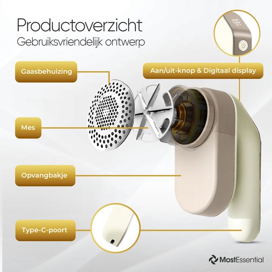 Exploded view van de beige pluizenverwijderaar, met details over gaas, mes en opvangbakje.