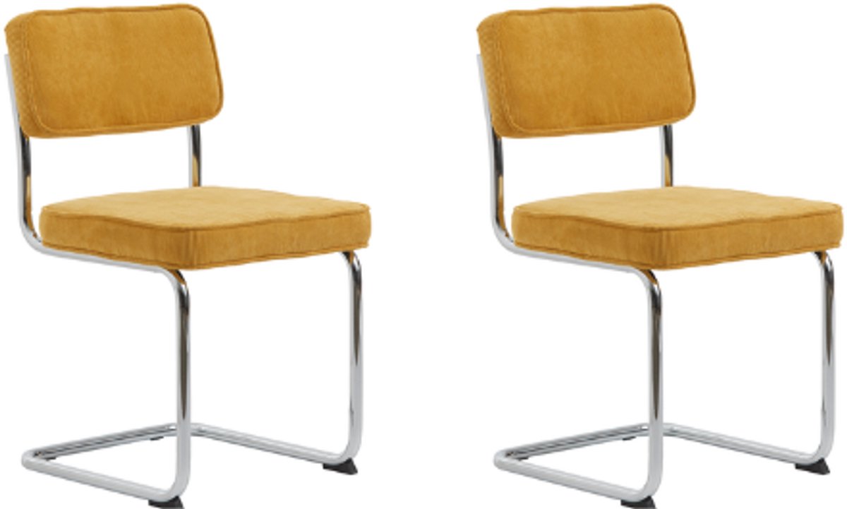 LevaLeva Rupert eetkamerstoel set van 2- rib stof - geel - buisframe - chroom
