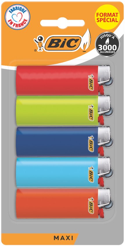 Briquets à pierre BIC J26 Maxi - Couleurs assorties - Lot de 5 briquets à gaz - Sécurité enfant