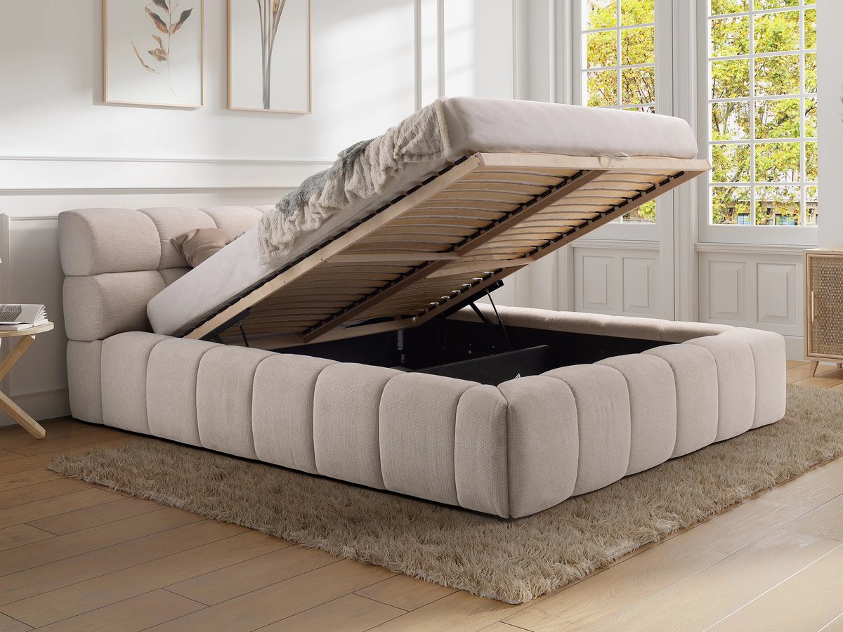 Luxe Bed met Opbergruimte 180x200 cm – Stof Beige – Design Bed met Gewatteerd Hoofdbord – Duurzaam & Comfortabel – Scandinavische Stijl – Forvik Deluxe Edition Medahomestore