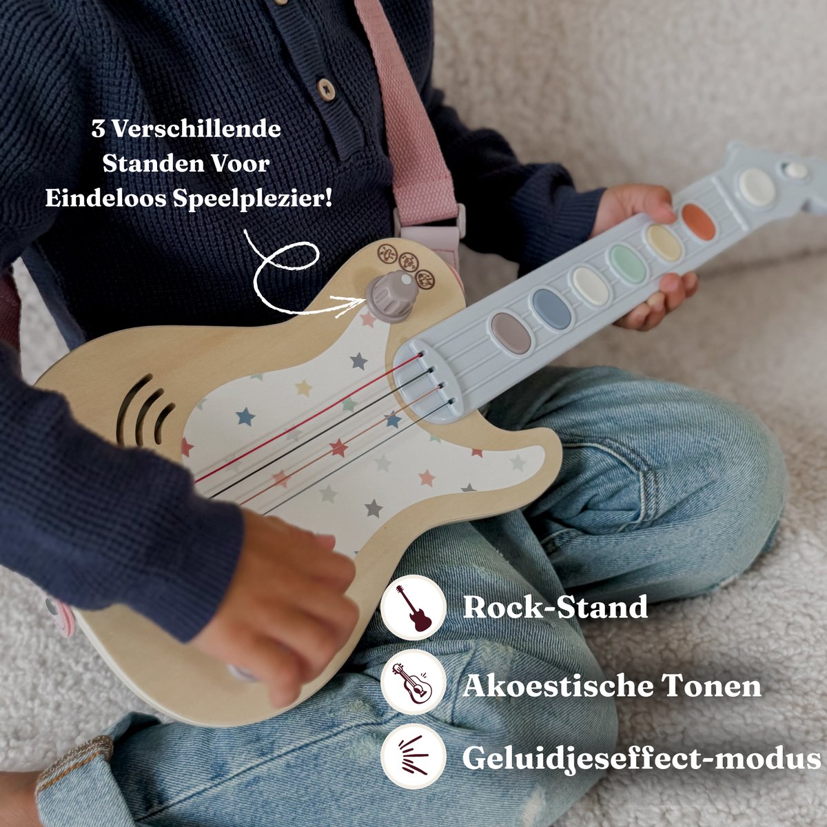 Elektrische Houten Speelgoedgitaar Kinderen - Muziek Speelgoed met Geluid, 3 Geluidsstanden & Volumeknop - Montessori Educatief Muziekinstrument vanaf 3 Jaar - Inclusief Draagriem - Ideaal Cadeau voor Peuters & Kleuters - Baby Doo — afbeelding 7