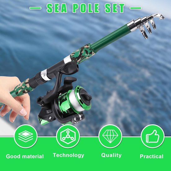 Vishengel Set Voor Beginners - Kindervishengel met molen en aas - Kindervisset - Kindervisset - - 1,8 m telescopische hengel en molen van koolstofvezel - Visset - Karpervisset met zacht aas - Camo Green — afbeelding 4