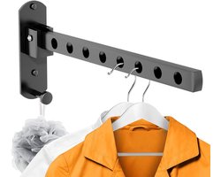 Wandgemonteerd droogrek - Opvouwbaar droogrek voor buiten - 90° draaibare opvouwbare droogrek - Wandgemonteerd droogrek - Wandgemonteerd opvouwbaar droogrek voor balkon, wasruimte, badkamer - Enkele stang opvouwbaar, 8 gaten - Zwart