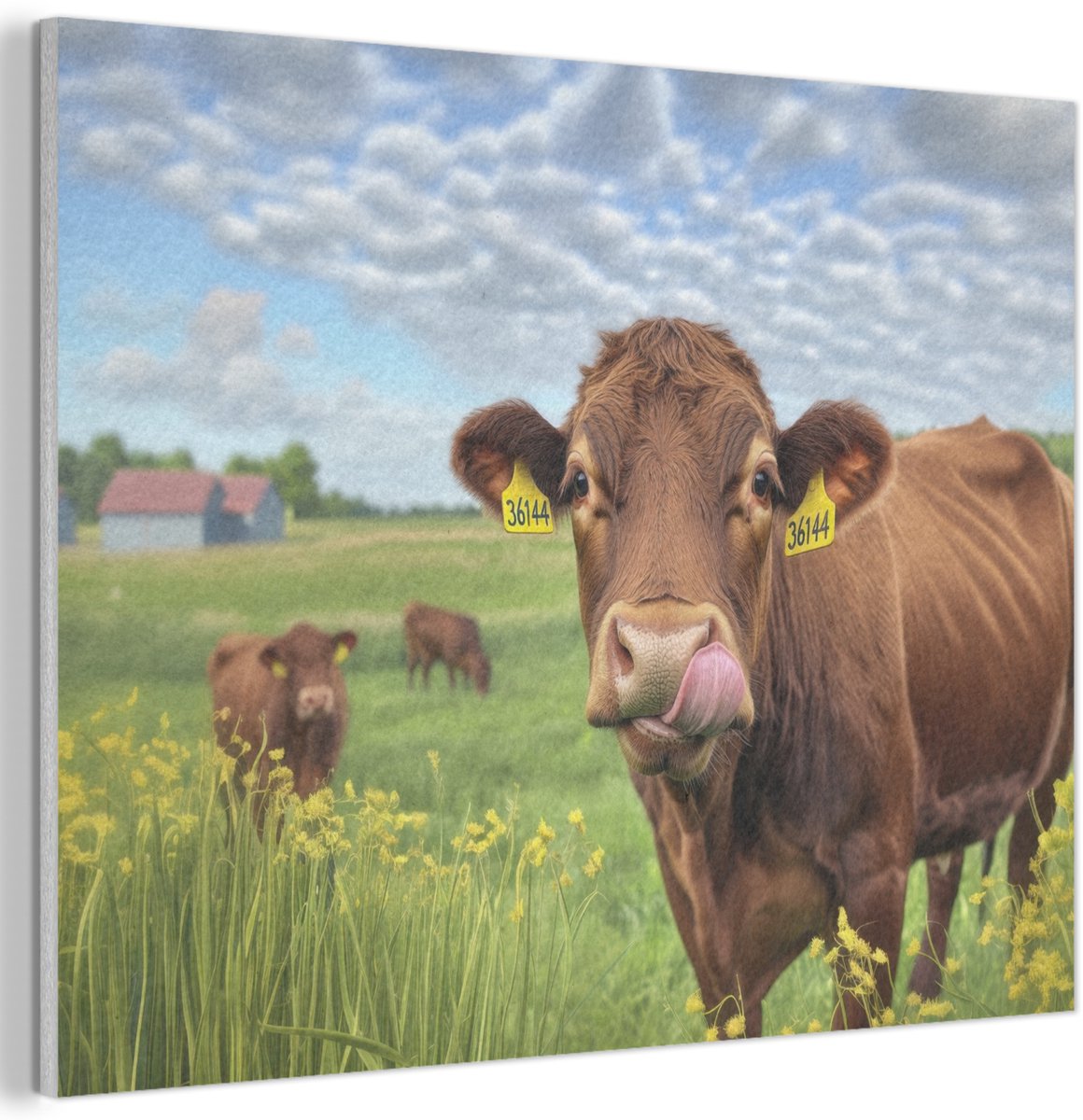 Akoestisch wandpaneel 80x60 cm - Vilt schilderij Koe - Weide - Bloemen - Akoestische panelen - Geluidsdempende wanddecoratie - Geluidsisolatie woonkamer - Muurdecoratie geluidspanelen