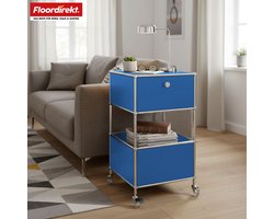 FLOORDIREKT Metalen Rek Concept Epure MK-145 - Rolcontainer Met 3 Verdiepingen, Lade & Legplanken - 40 x 69 x 40 cm - Blauw -Verkrijgbaar in Verschillende Kleuren - Metalen Rek in Modern Design - Rek Voor Woonkamer, Kantoor & Hal