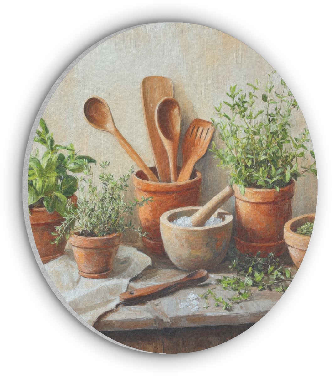 Akoestisch wandpaneel rond 60x60 cm - Vilt schilderij Potten - Kruiden - Hout - Ronde akoestische panelen - Geluidsdempende wanddecoratie - Geluidsisolatie wandcirkel - Muurdecoratie geluidspanelen