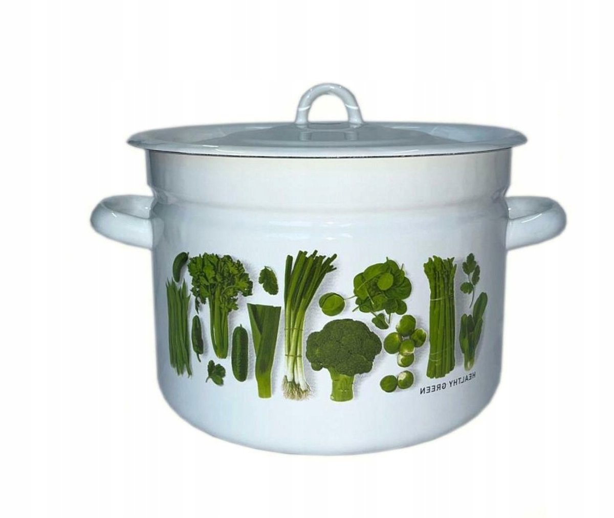 Degelijke Emaille Pan met Deksel 9L - Groene Groenten Decoratie