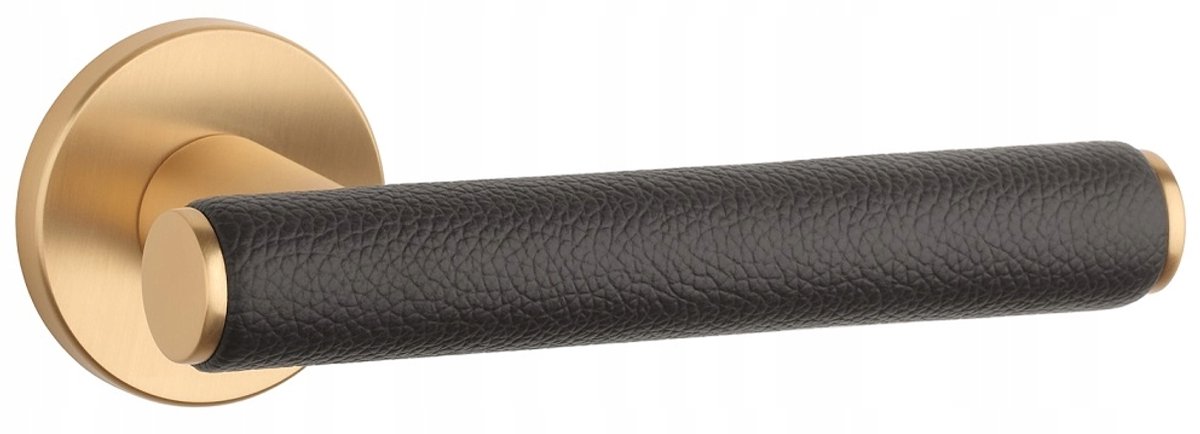Egeria Slanke Deurkruk Mat Goud/Bruin Leer - Rond Rozet 7mm